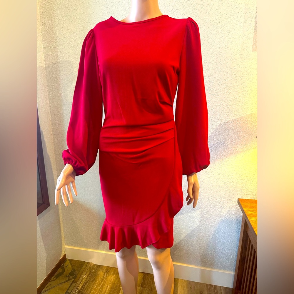 Beautiful Long Sleeve Poet Red Dress, asymmetrical hem - NEW!